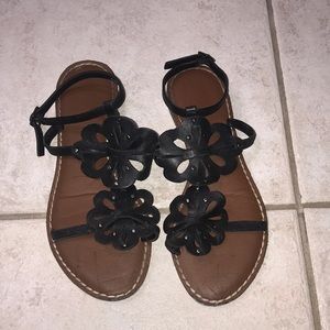 black leather flower sandals